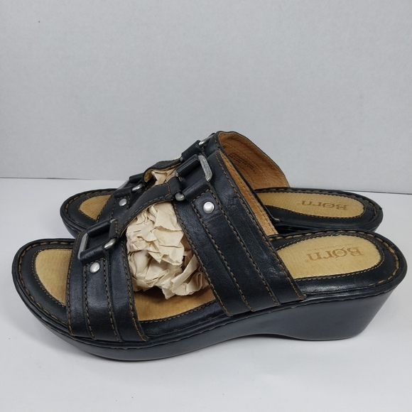 Born Sandals Women's Size 8 Black Leather Wedge Heel Boho Chic Slip on Shoes - Picture 3 of 13